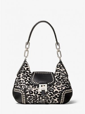 Dámské Kabelky Přes Rameno Michael Kors Bancroft Medium Leopard Calf Hair And Studded Læder Bílé | 425890-KMG