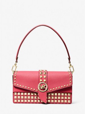 Dámské Kabelky Přes Rameno Michael Kors Greenwich Medium Studded Saffiano Læder Červené | 302819-GRY