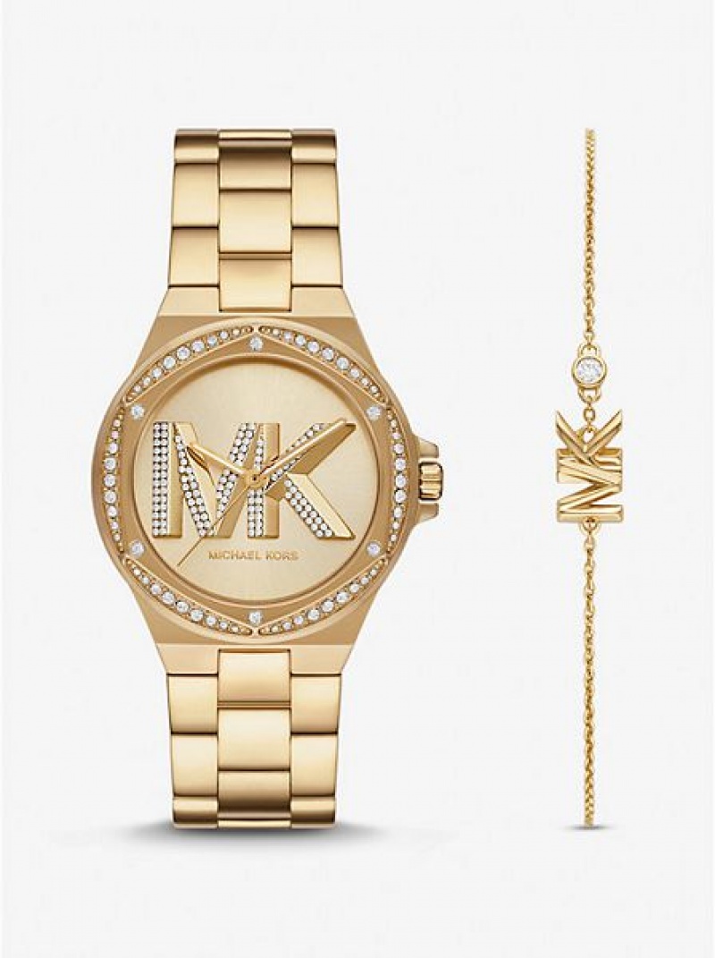 Dámské Hodinky Michael Kors Lennox Pave Logo Zlaté | 947186-UYQ