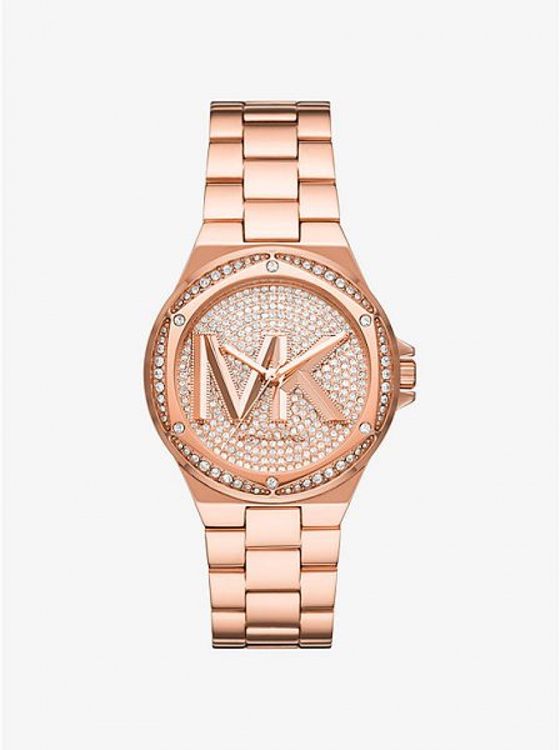 Dámské Hodinky Michael Kors Lennox Pave Logo Růžové Zlaté | 069725-MWA