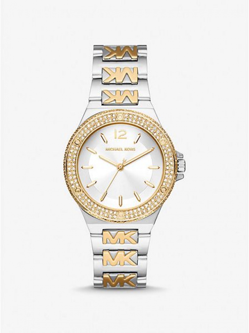 Dámské Hodinky Michael Kors Lennox Pave Logo Stříbrné Zlaté | 036249-MTL