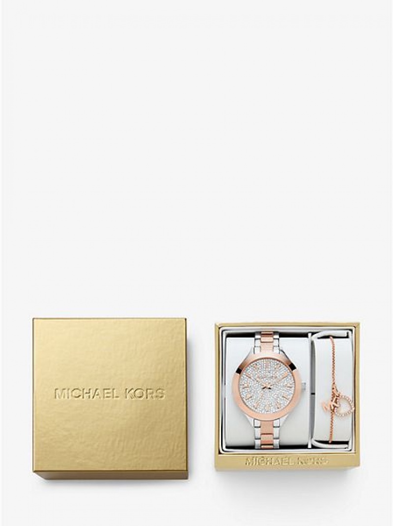 Dámské Hodinky Michael Kors Pave And Heart Bracelet Set Stříbrné Růžové | 981062-HLF