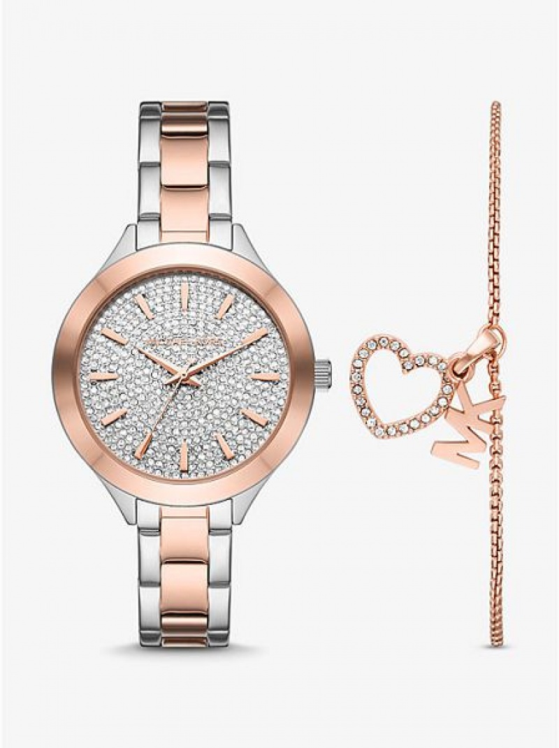 Dámské Hodinky Michael Kors Pave And Heart Bracelet Set Stříbrné Růžové | 981062-HLF