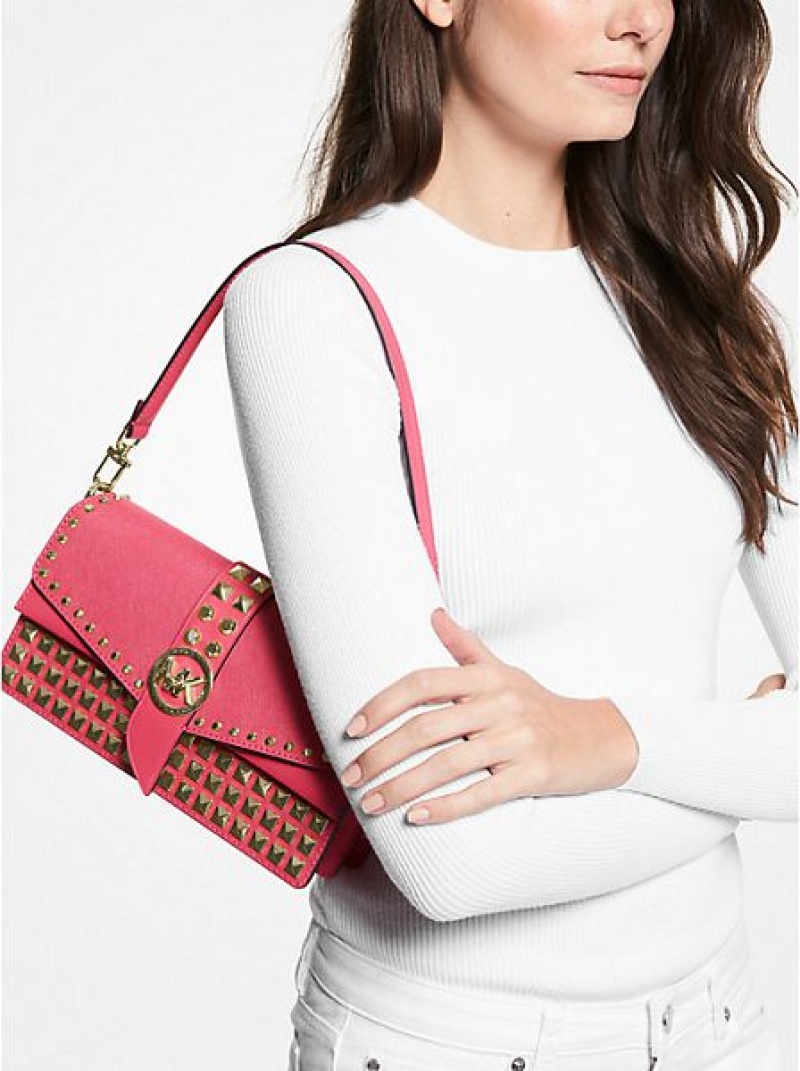 Dámské Kabelky Přes Rameno Michael Kors Greenwich Medium Studded Saffiano Læder Červené | 302819-GRY