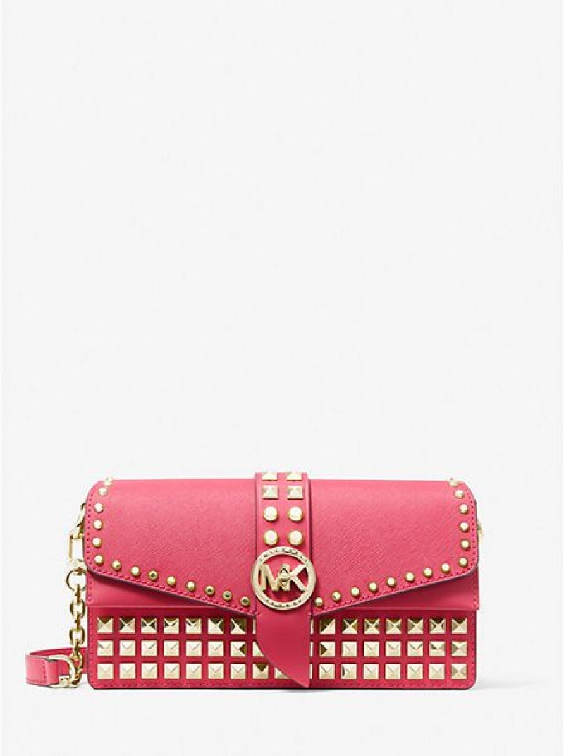 Dámské Kabelky Přes Rameno Michael Kors Greenwich Medium Studded Saffiano Læder Červené | 302819-GRY