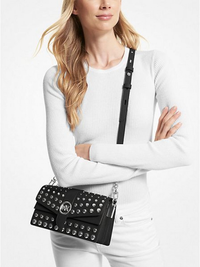 Dámské Kabelky Přes Rameno Michael Kors Greenwich Medium Studded Saffiano Læder Černé | 259061-ZMK