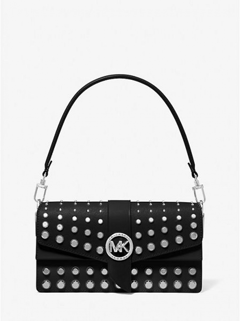 Dámské Kabelky Přes Rameno Michael Kors Greenwich Medium Studded Saffiano Læder Černé | 259061-ZMK