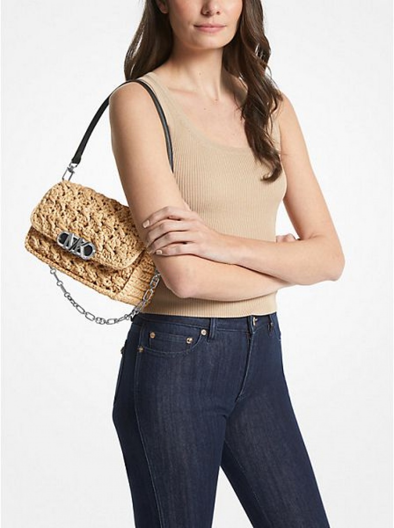 Dámské Kabelky Přes Rameno Michael Kors Parker Medium Woven Straw Béžový Černé | 645897-WDM