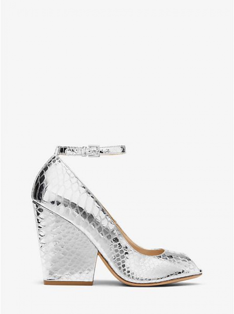 Dámské Lodičky Michael Kors Julianne Metallic Python-embossed Læder Peep-toe Stříbrné | 065734-IWD