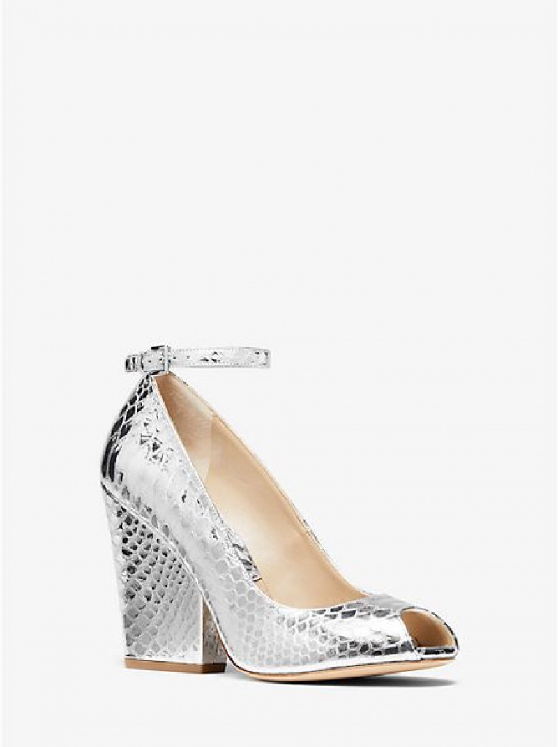 Dámské Lodičky Michael Kors Julianne Metallic Python-embossed Læder Peep-toe Stříbrné | 065734-IWD