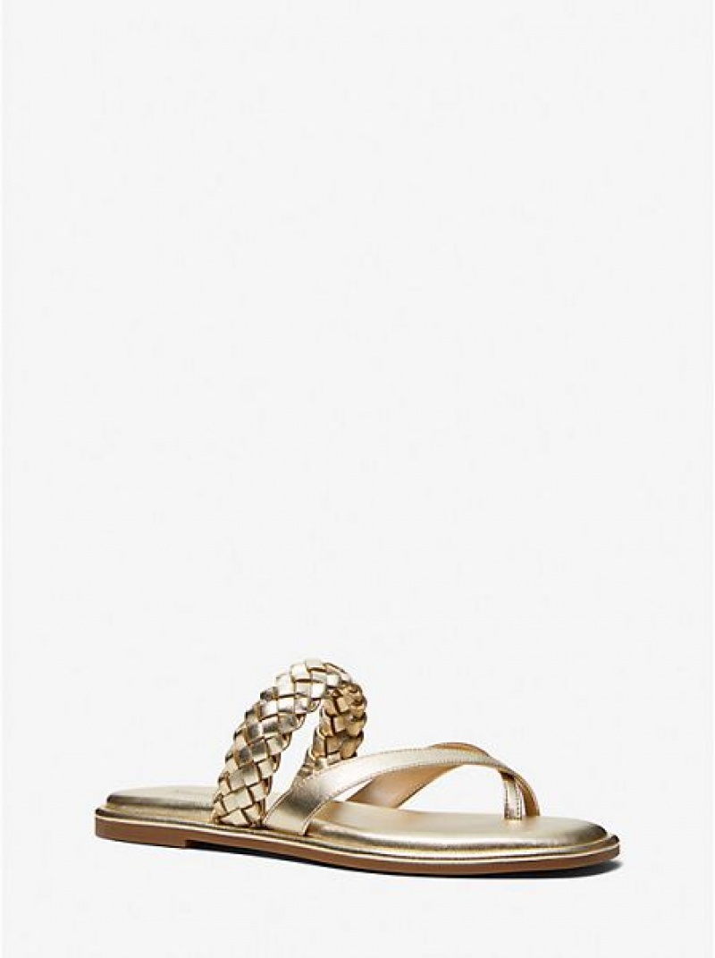 Dámské Sandály Michael Kors Alba Braided Metallic Faux Læder Pantofle Zlaté | 871046-ASE