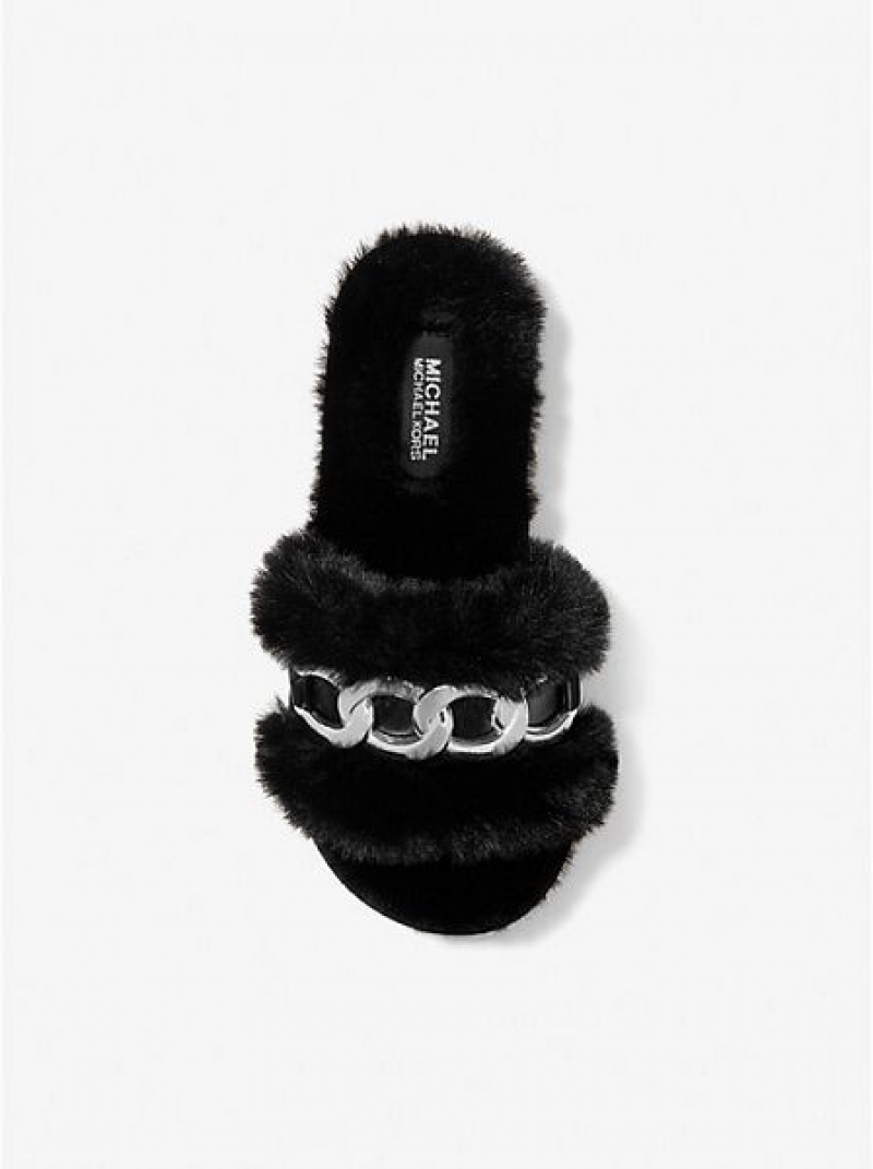 Dámské Sandály Skluzavky Michael Kors Scarlett Chain Link Faux Fur Černé | 281530-RAH