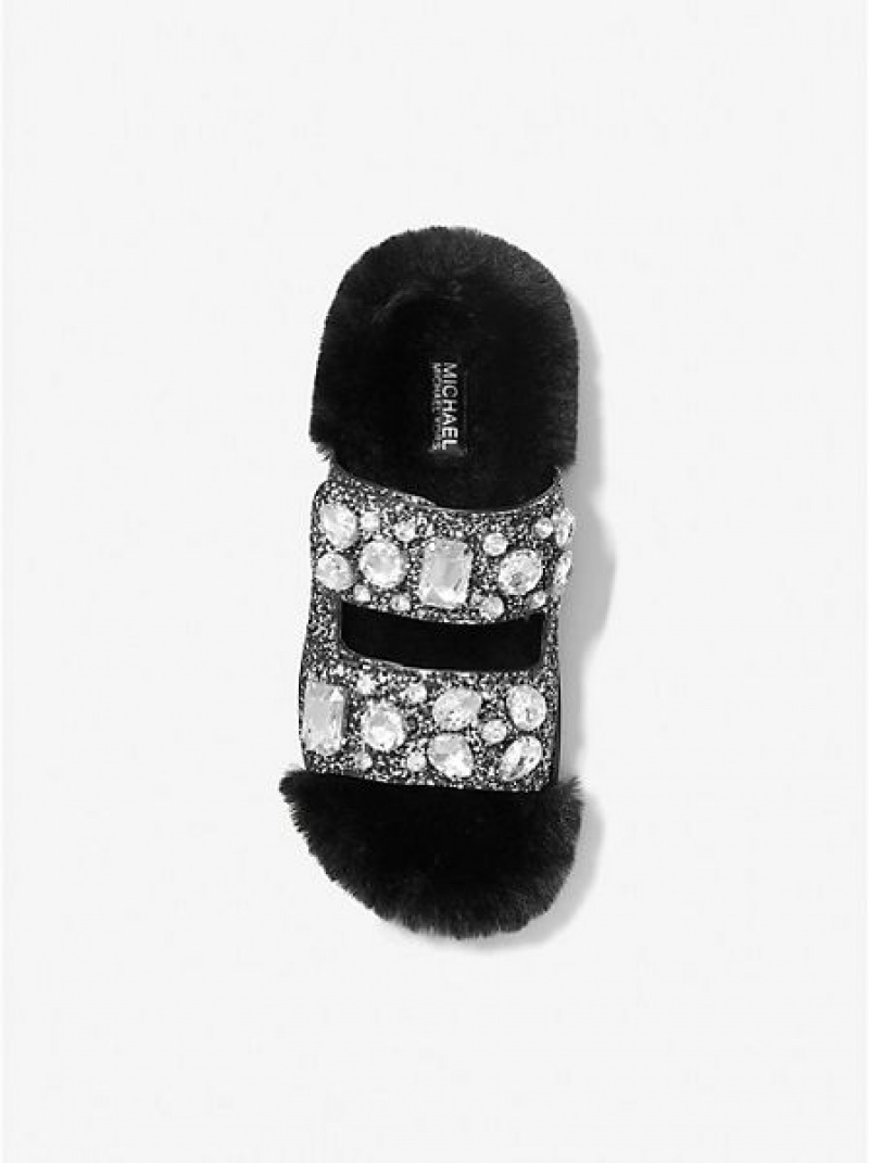 Dámské Sandály Skluzavky Michael Kors Stark Embellished Glitter And Faux Fur Černé Stříbrné | 167540-MIR