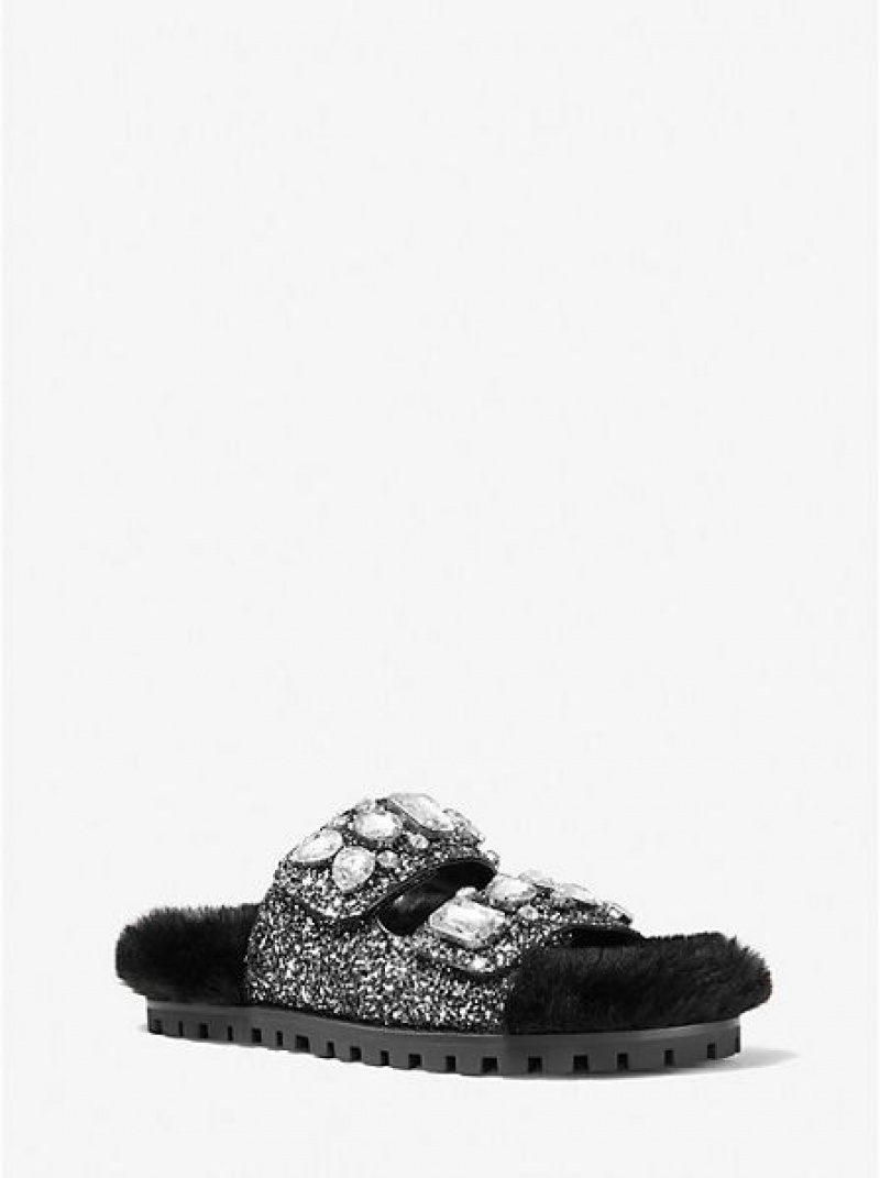 Dámské Sandály Skluzavky Michael Kors Stark Embellished Glitter And Faux Fur Černé Stříbrné | 167540-MIR